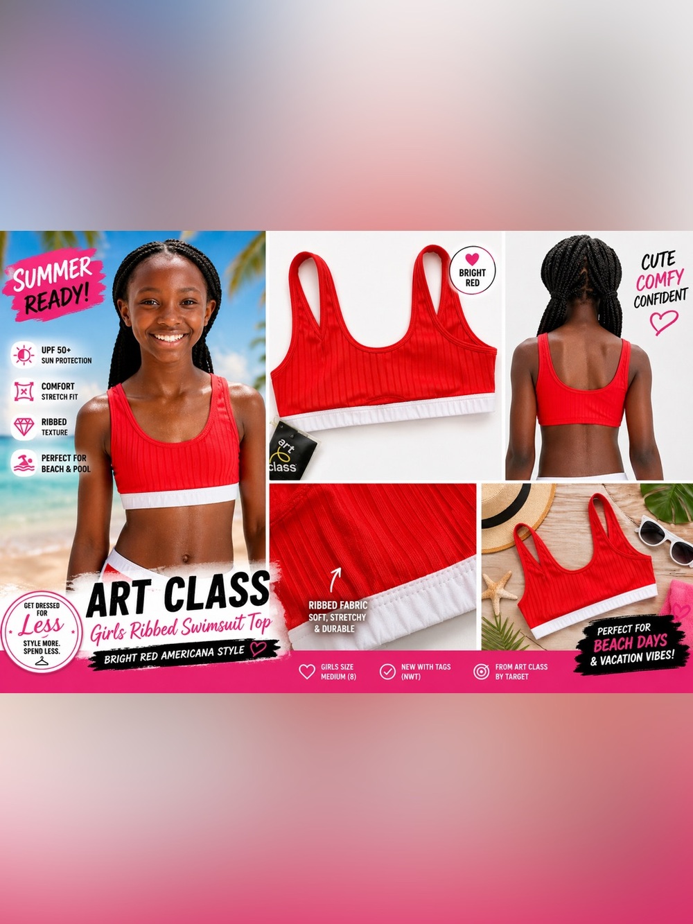 Art Class Girls Medium 8 Red Ribbed Swimsuit Top Americana UPF 50+ NWT